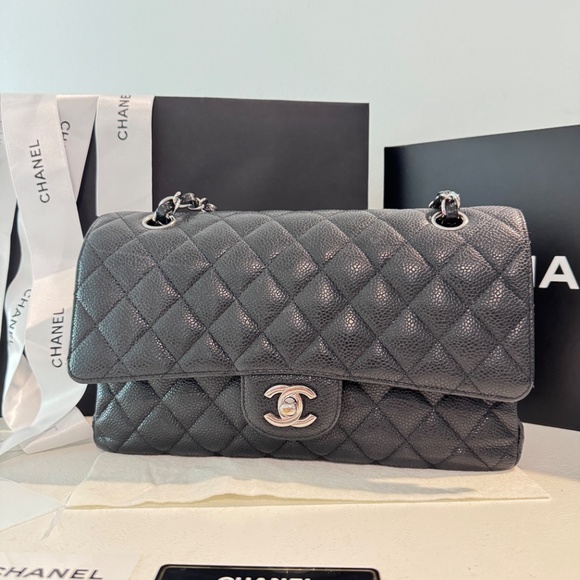 CHANEL - Classic Medium Flap, Caviar Black Leather, Silver Hardware, Full Set - Picture 15 of 16